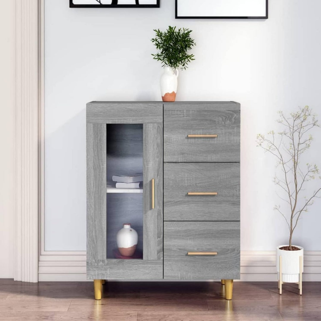 Glastueren ergaenzen das Sideboard in Eichenbraun und Grau