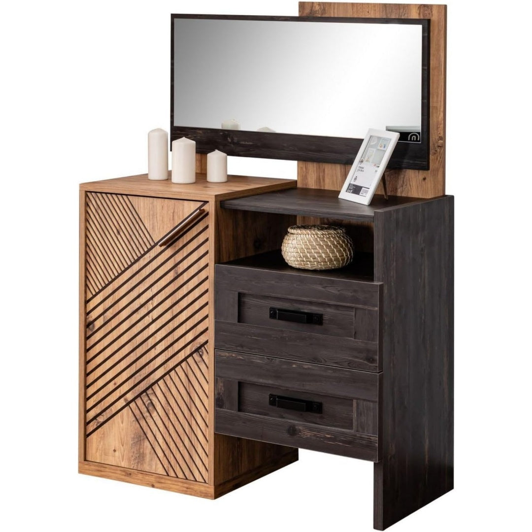 Das Sideboard zeigt eine Wandmontage in Anthrazit und Eichenbraun