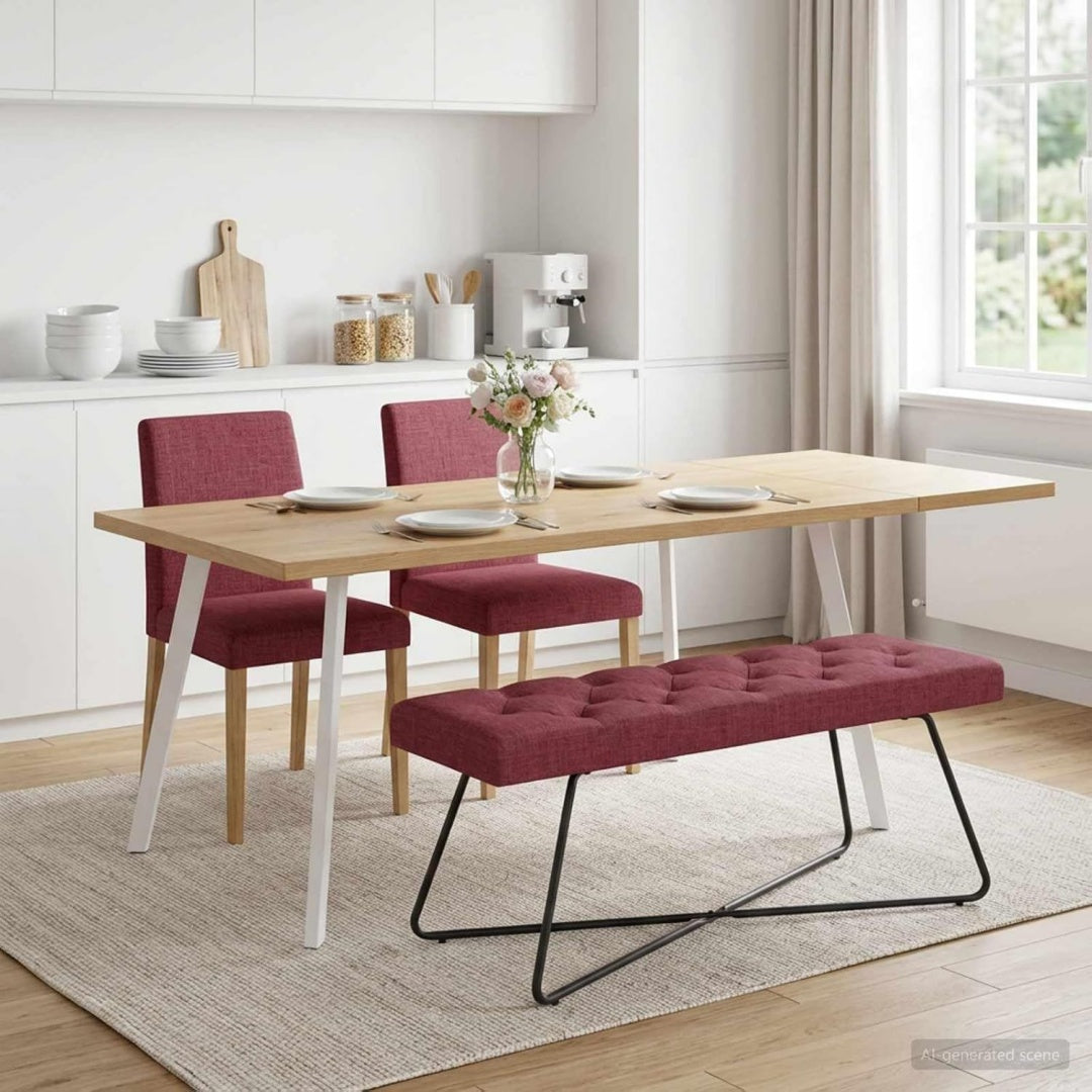 Hocker aus Stoff und Metall in Weiss und Dunkelrot
