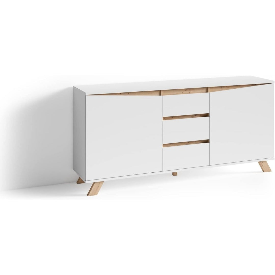 Sideboard verbindet matte Oberflaechen und Schubladen