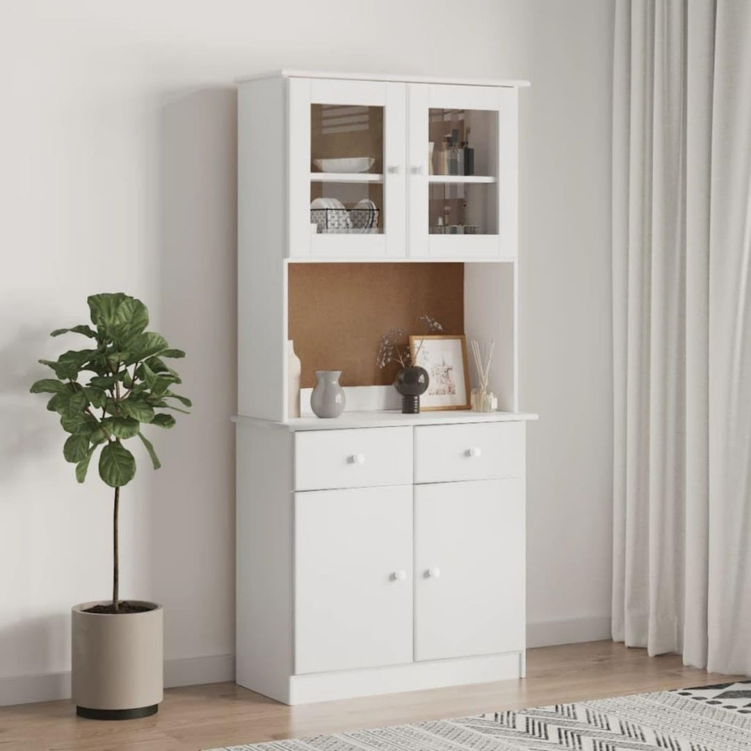 Hochschrank mit Glastueren, geschlossenem Stauraum und Schubladen